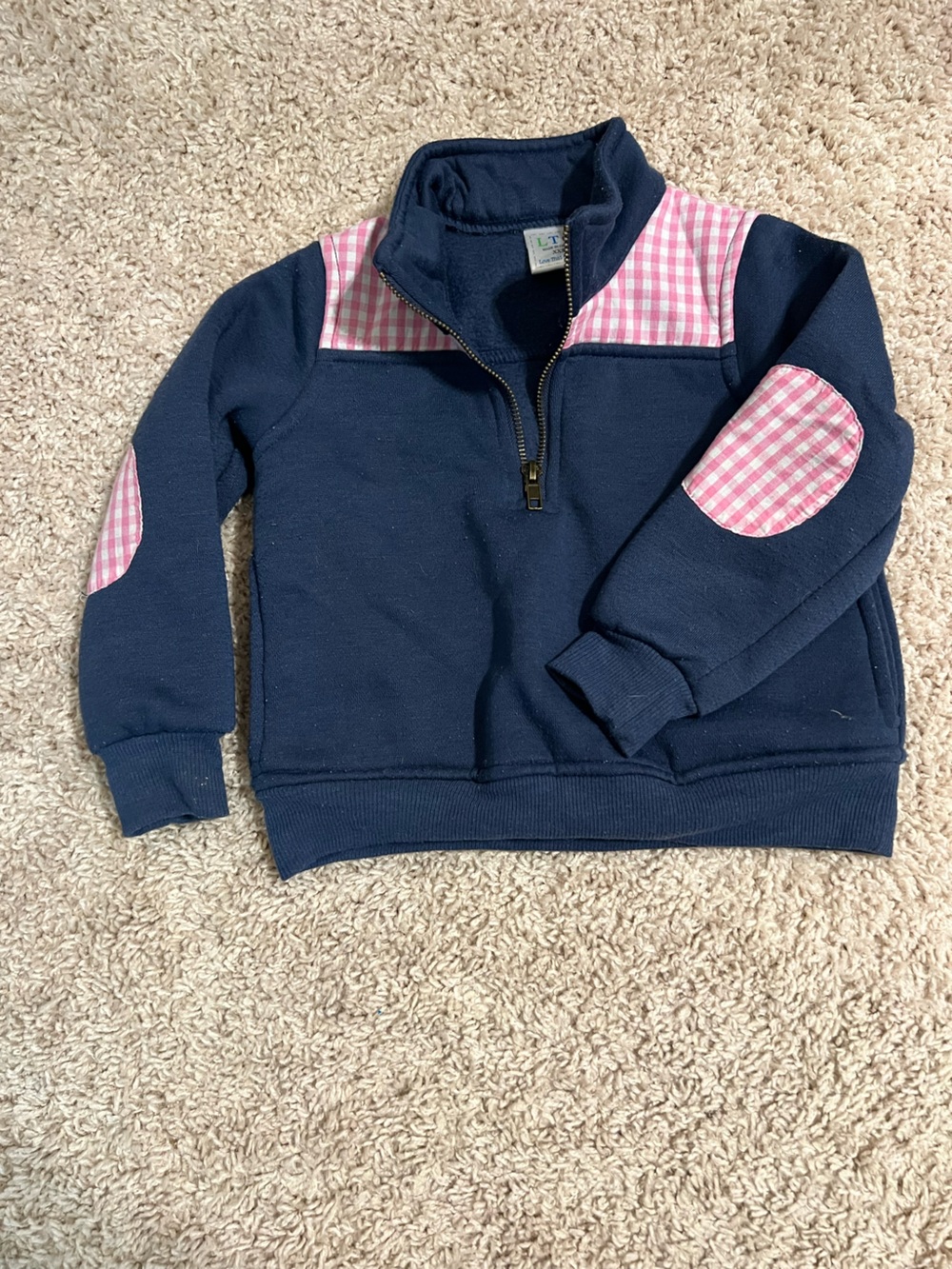 TC Navy Zip-Up Hoodie with Pink Gingham Accents